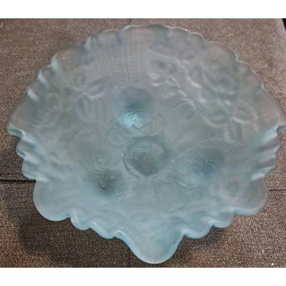 Vtg Imperial Glass Blue Satin Frosted Footed 8" Bowl Cabbage Rose Ruffled Edge